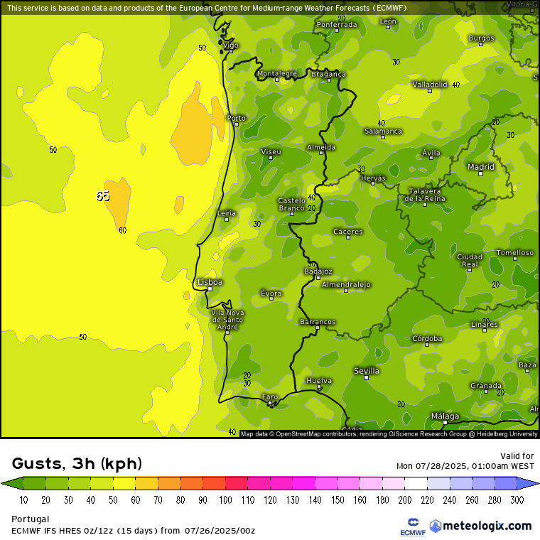 Temperaturas até 40 graus, com muito vento - continua a onda de calor - previsão do tempo na segunda, 28 de julho de 2025 Vento previsto ao longo do dia de segunda-feira, 28 de julho - ECMWF
