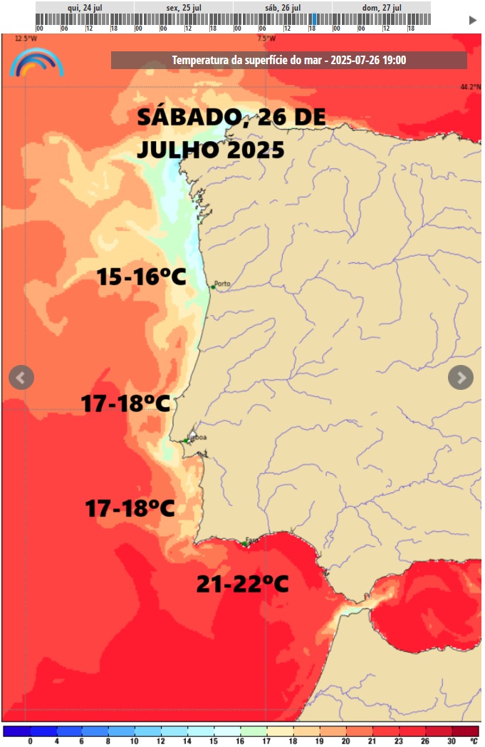 Fim-de-semana com calor abrasador! Saiba as temperaturas para a sua região, e as condições nas praias! Tempo no fim-de-semana 26-27 de julho 2025 Temperatura da água do mar prevista para sábado, 26 de julho de 2025