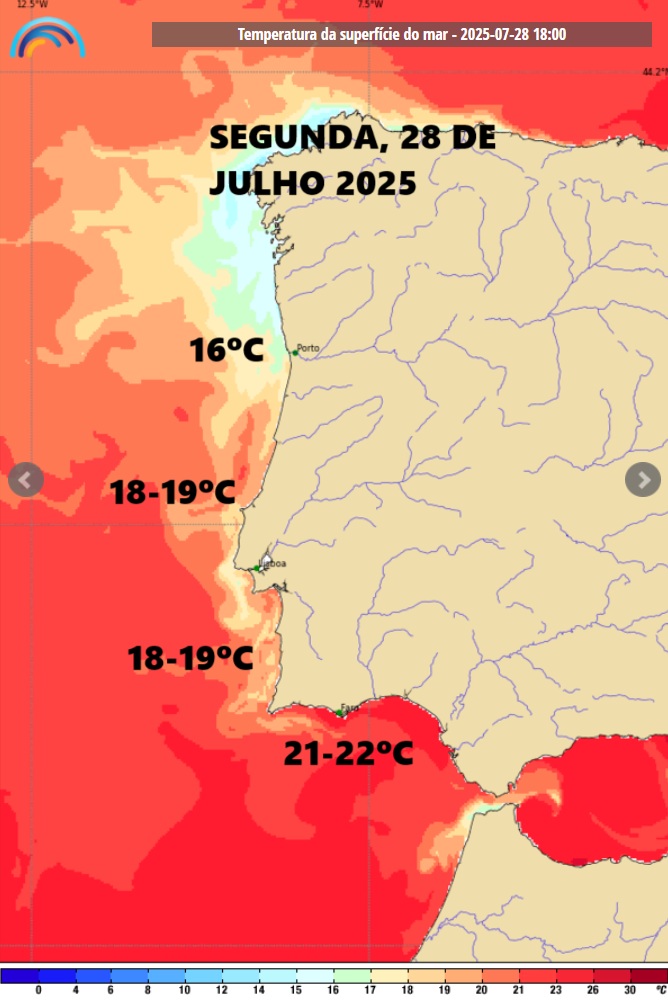 Temperaturas até 40 graus, com muito vento - continua a onda de calor - previsão do tempo na segunda, 28 de julho de 2025 Temperatura da água do mar agradável na segunda, 28 de julho de 2025