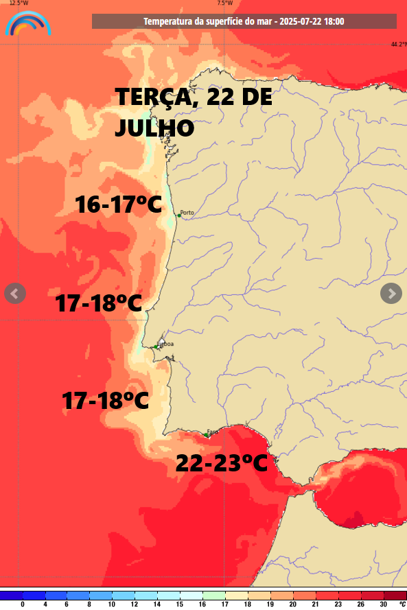 Um dia de Verão, com bastante vento, com um bloqueio no Atlântico - Previsão do tempo na terça, 22 de julho de 2025 Temperatura da água do mar prevista para terça, 22 de julho
