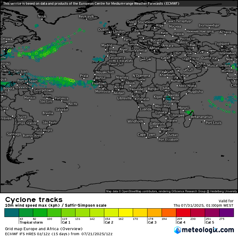 Portugal é caso único na Europa - enquanto tempestades percorrem o Continente, por cá é o único país onde não chove até Agosto! Saiba as previsões atualizadas! Não descartamos a formação de algum ciclone tropical nos próximos 15 dias, mas os sinais para tal, para já, são fracos - previsão ECMWF