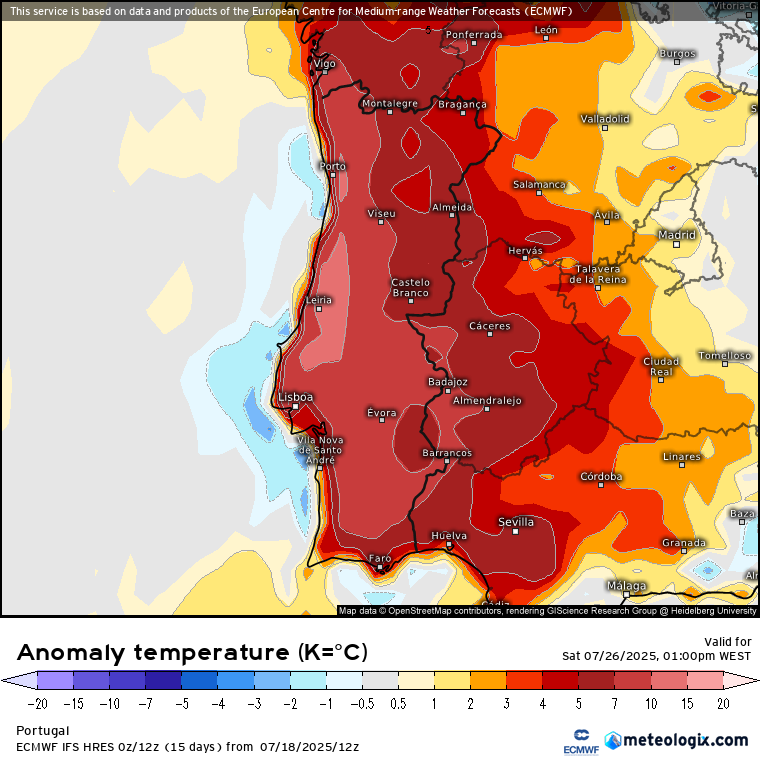 Vem aí chuva, e depois deverá chegar uma onda de calor extremo! Tempo "bipolar" em Portugal - saiba a previsão completa Anomalia de temperatura no litoral prevista para dias 26\27 de julho... que calor no litoral!