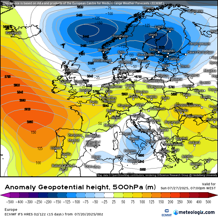 Vem aí uma forte onda de calor, dias muito quentes no litoral, vento e risco de incêndio - possível aviso vermelho novamente... - Tempo esta semana 21 a 27 de julho 2025 Anticiclone e tempo mais quente no Oeste Europeu, bolsas de ar frio no Sul - onde pode haver tempestades