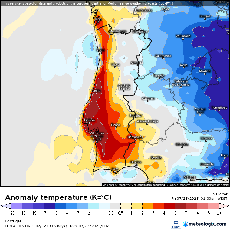 Regressam as noites tropicais e a lestada com o anticiclone em aproximação - saiba a previsão do tempo na sexta, 25 de julho! Temperaturas elevadas no litoral - bem visível a tendência para o vento arrastar o calor em direção às zonas costeiras! (de tarde com vento...)