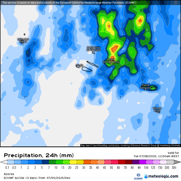 Novo pico de calor, com o anticiclone a ganhar força no Atlântico - Saiba a previsão do tempo na segunda, 7 de julho de 2025 Chuva prevista para os Açores na segunda-feira, segundo a previsão ECMWF