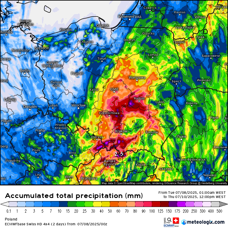 Mau tempo continua na Europa, com um fenómeno extremamente perigoso - Risco de chuva extrema na Polónia nos próximos dias! Há incertezas na localização da precipitação - que pode acabar por ficar mais a Sul que o previsto, mas o Centro\Sul da Polónia parecem ser os locais mais afetados