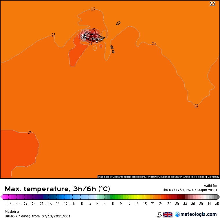 Jato polar perturbado traz-nos muito calor, mas a chuva espreita em breve - "Montanha-russa" meteorológica na previsão do tempo esta semana, 14 a 20 de Julho 2025 Previsão de temperaturas máximas elevadas na Madeira esta semana