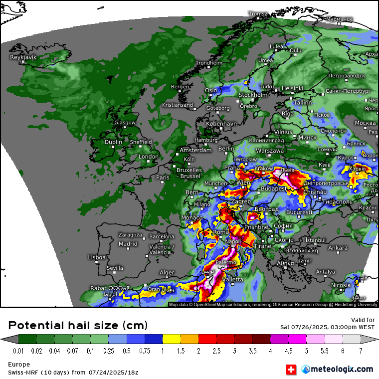 Tempestades violentas neste fim-de-semana na Europa... e recordes de calor em alguns países - tempo extremo 26-27 julho de 2025 Potencial para granizo grande em diversos locais na Europa neste fim-de-semana...