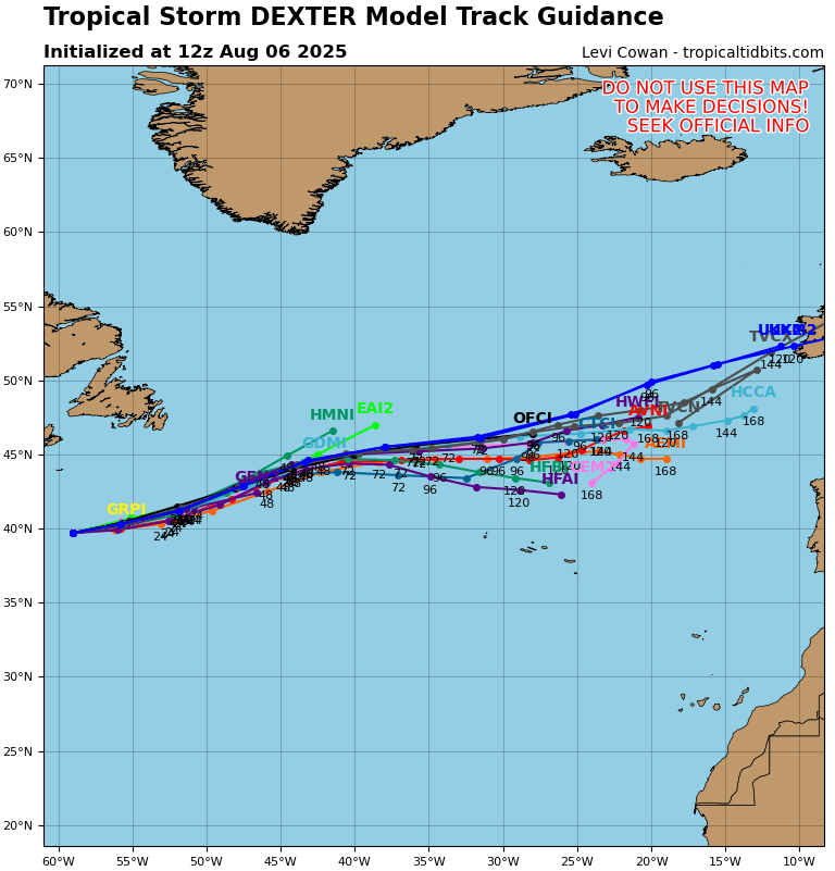 Tempestade tropical Dexter influencia o padrão atmosférico no Atlântico - saiba a previsão do tempo na sexta, 8 de agosto de 2025 Trajetórias prováveis da tempestade DEXTER - vários modelos - TropicalTidbits
