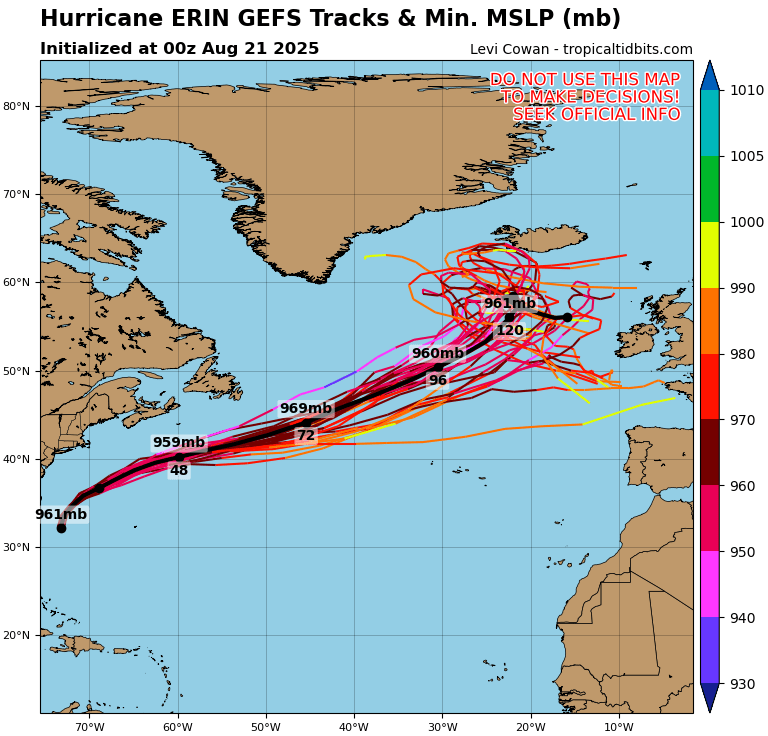 Possíveis trajetórias do furacão ERIN - previsão GEFS