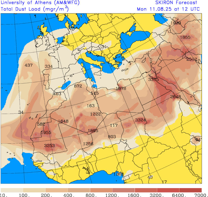 Temperaturas até 45 graus - calor extremo em boa parte do país, forte subida das temperaturas - saiba a previsão do tempo na segunda, 11 de agosto de 2025 Concentração de poeiras algo elevada nesta segunda-feira!