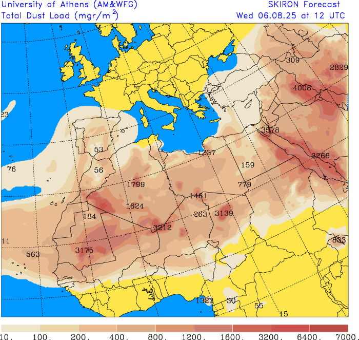 Voltam nevoeiros (e poeiras) com ar marítimo e enfraquecimento do anticiclone - mas o calor não larga várias regiões - saiba a previsão do tempo na quarta, 6 de agosto de 2025 Poeiras em suspensão, previsão SKIRON