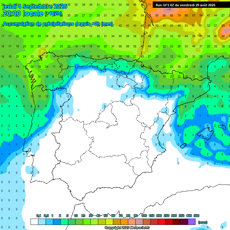 Chuva nos próximos dias em algumas regiões, devido a várias frentes frias, mas o calor pode estar à espreita ainda na primeira semana de setembro! Chuva prevista pelo modelo GFS para os próximos 7 dias - grande divisão territorial...
