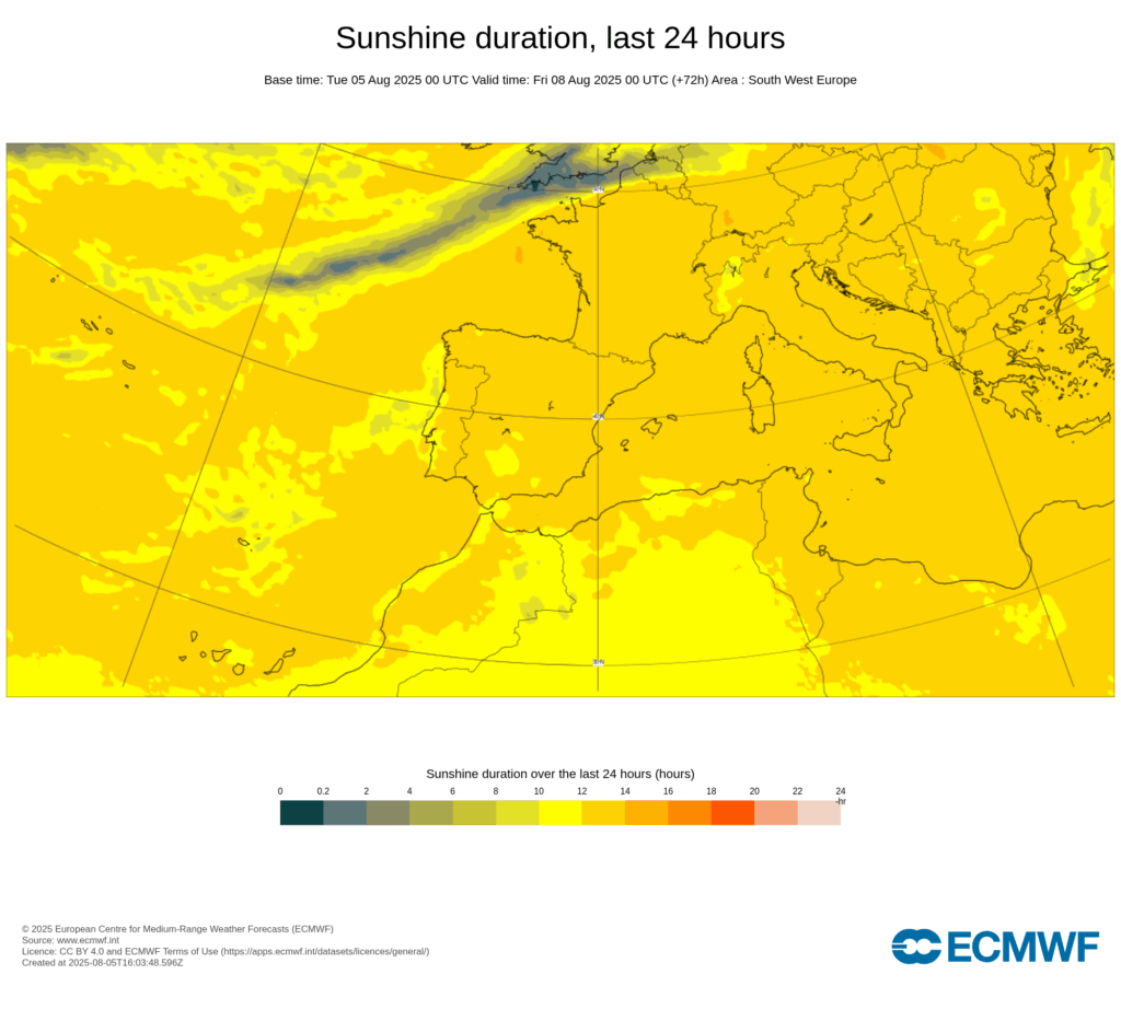 Descida das temperaturas e mais nuvens (morrinha?)- alívio no calor extremo - saiba a previsão do tempo na quinta, 7 de agosto (e mais!) A previsão de número de horas de sol mostra-nos menos sol no litoral Continental e vertentes Norte da Madeira