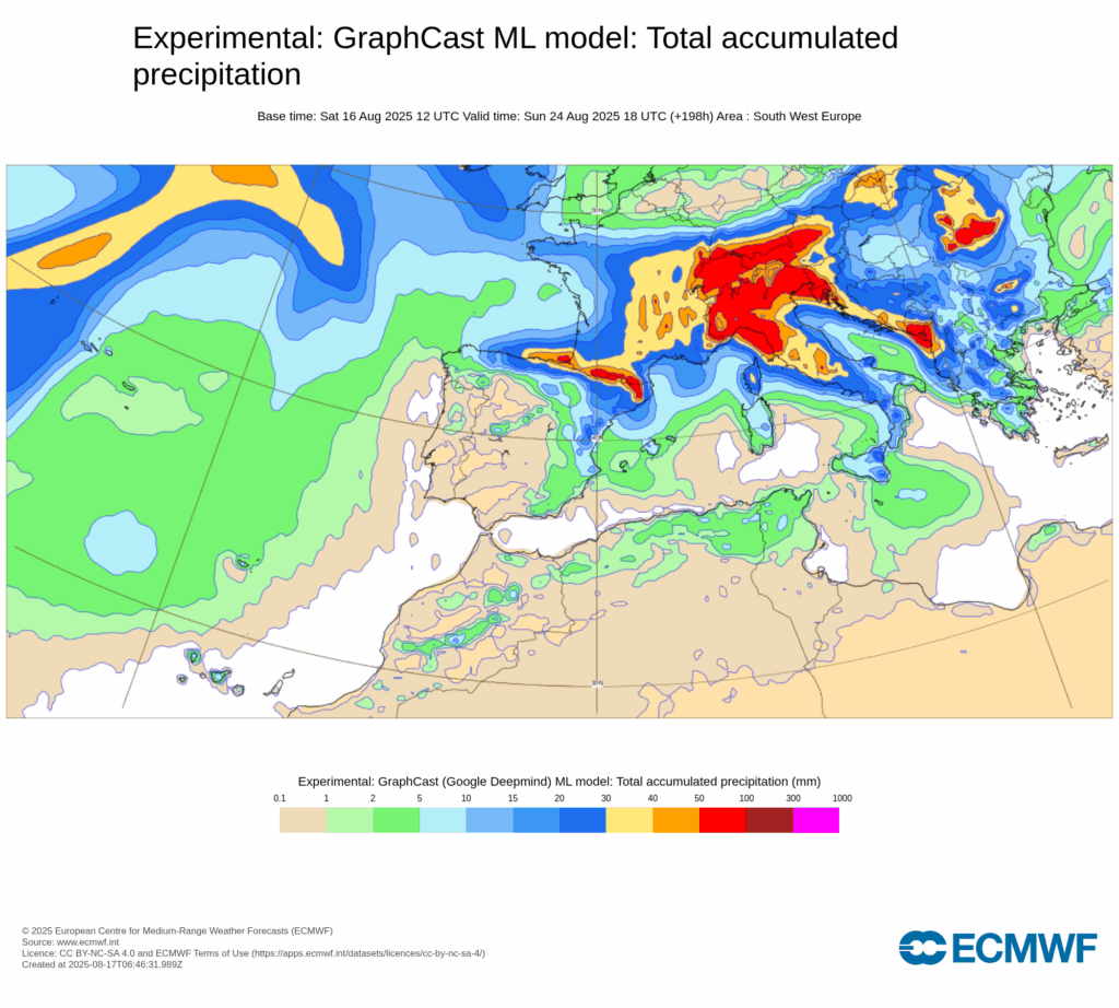 Uma semana com muito vento, e mais fresca... mas o calor intenso pode estar à espreita - previsão do tempo esta semana, 18 a 24 de agosto 2025 Tempo esta semana - mais uma semana sem precipitação (modelo de previsão GraphCast - Google\ECMWF)