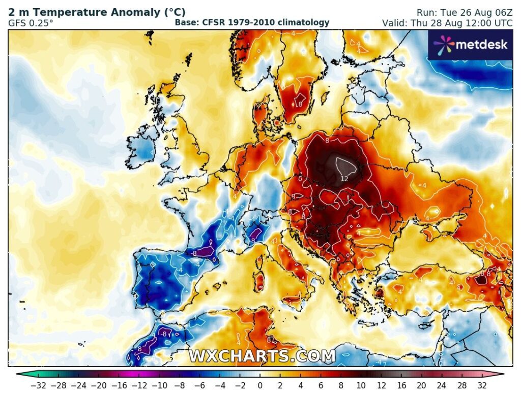 Temperaturas em descida, mínimas localmente abaixo de 10ºC - e o vento continua - saiba a previsão do tempo na quinta, 28 de agosto de 2025 Bem visível o tempo mais fresco na Europa Ocidental, contrastando com o Leste do Continente...