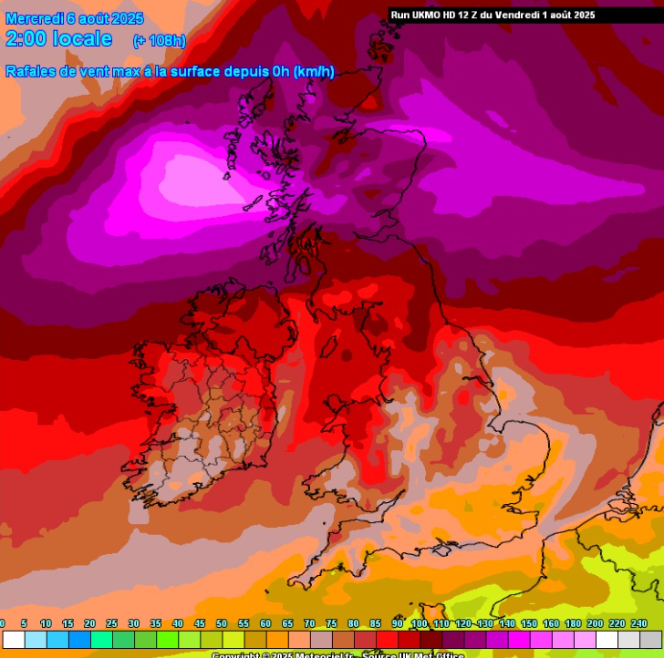 Forte tempestade Floris afeta as Ilhas Britânicas na segunda, 4 de agosto, enquanto Portugal enfrenta calor extremo - mau tempo fora de época no Reino Unido Vento muito forte previsto pelo modelo UKMO esta segunda-feira na Escócia!