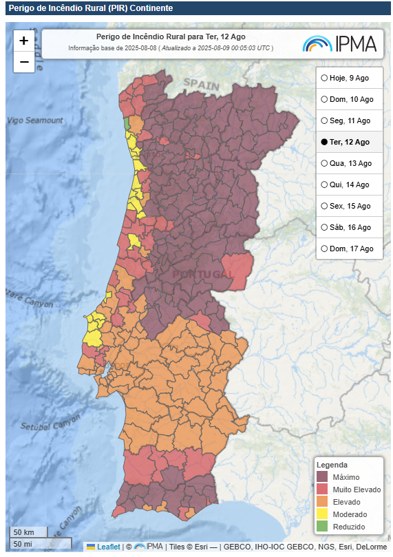 Risco MÁXIMO de incêndio - Situação mais crítica do Verão até agora - precaução até dia 15 de agosto! - saiba as previsões da meteorologia Risco máximo de incêndio, dia 11 de agosto - situação crítica, segundo previsões IPMA