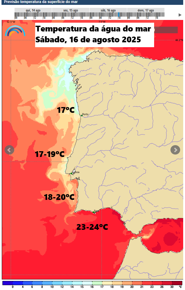 Último fim-de-semana de calor extremo em Agosto, antes de uma mudança significativa? Previsão do tempo no fim-de-semana prolongado 15 a 17 de agosto Temperatura da água do mar para sábado, 16 de agosto de 2025