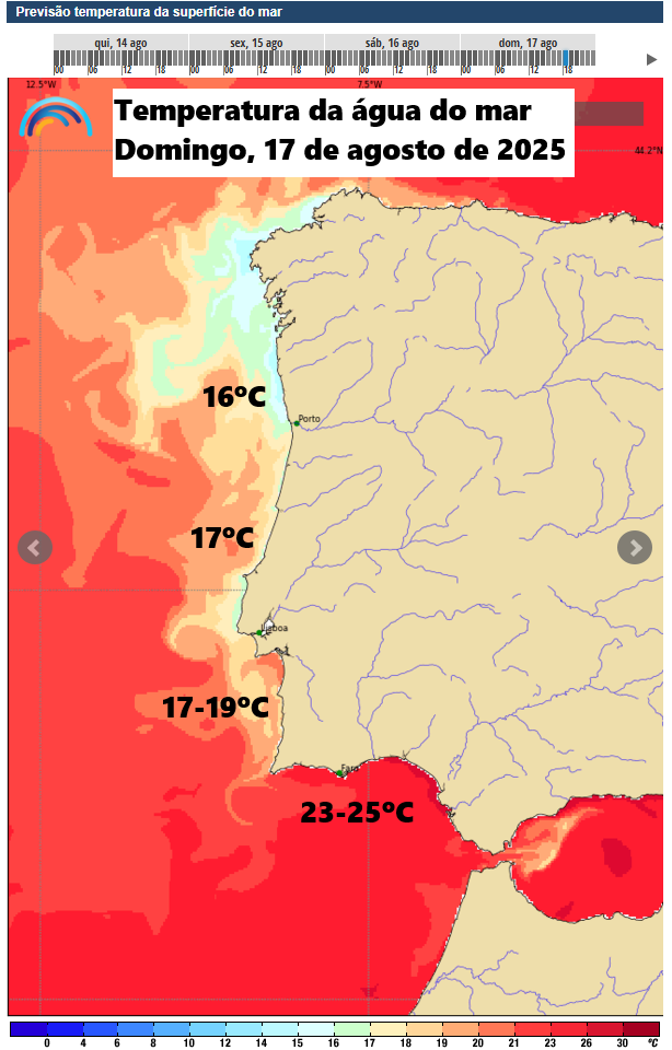 Último fim-de-semana de calor extremo em Agosto, antes de uma mudança significativa? Previsão do tempo no fim-de-semana prolongado 15 a 17 de agosto Temperatura da água do mar no domingo, 17 de agosto