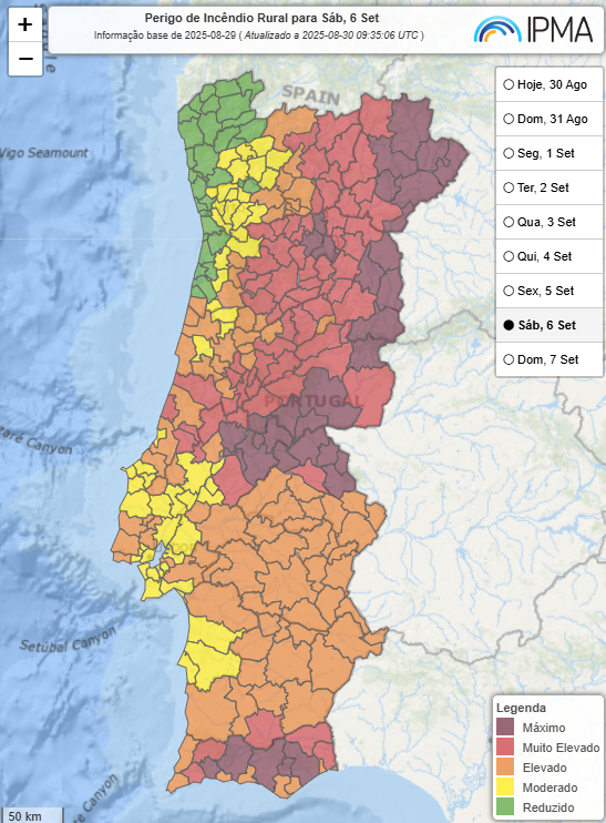 Previsão do tempo na segunda, 1 de setembro de 2025 - Começa setembro e as temperaturas continuam a descer - talvez para mudar em breve! Perigo de incêndio calculado pelo IPMA para 6 de setembro - há potencial para dias com risco máximo de incêndio, ainda, pelo que todo o cuidado é pouco