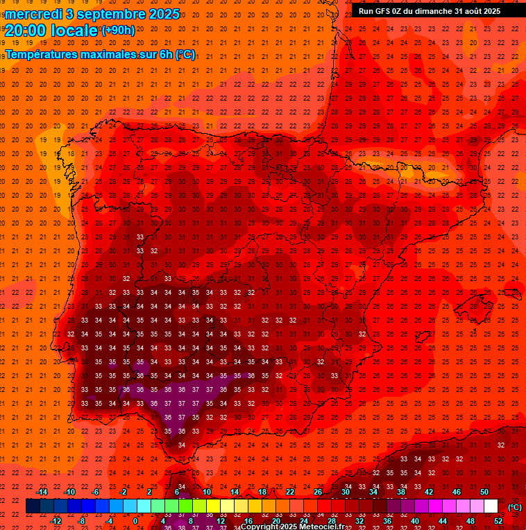 Vamos passar de chuva e tempo fresco, para o sol e calor? Provavelmente, mas a atmosfera está muito dinâmica! - Previsão do tempo esta semana, 1 a 7 de setembro de 2025 Temperaturas máximas previstas para esta quarta, 3 de agosto - GFS - calor de volta!