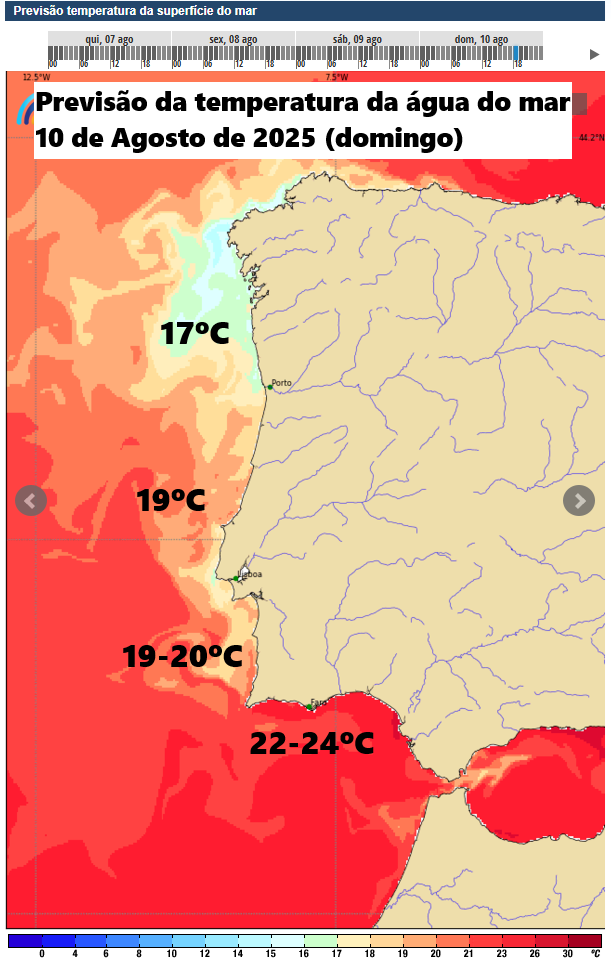 Nova vaga de calor a começar, até 43 graus - Saiba como estará o tempo no fim-de-semana 9 e 10 de agosto de 2025 Temperatura da água do mar no domingo, 10 de agosto de 2025