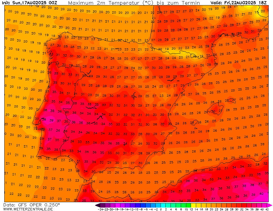 Uma semana com muito vento, e mais fresca... mas o calor intenso pode estar à espreita - previsão do tempo esta semana, 18 a 24 de agosto 2025 Previsão de calor em Portugal segundo o GFS para sexta, dia 22 de agosto - perto de 40 graus. Previsão incerta, no entanto