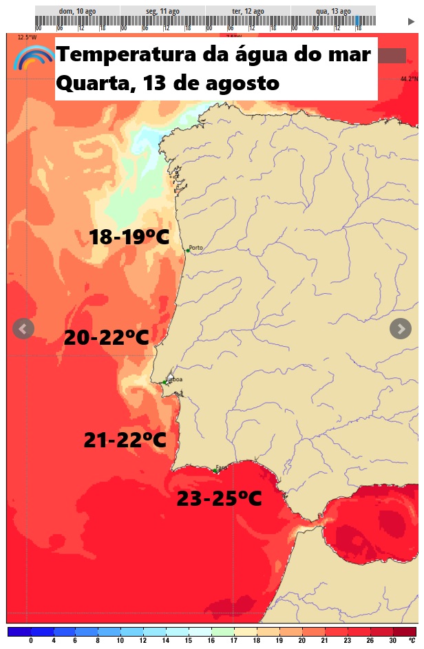 Tempo na quarta, 13 de agosto de 2025 - Água mais quente do ano nas praias! Mas será que a temperatura do ar vai baixar? Sim, e não... Temperatura da água do mar prevista para esta quarta - com base na previsão IPMA