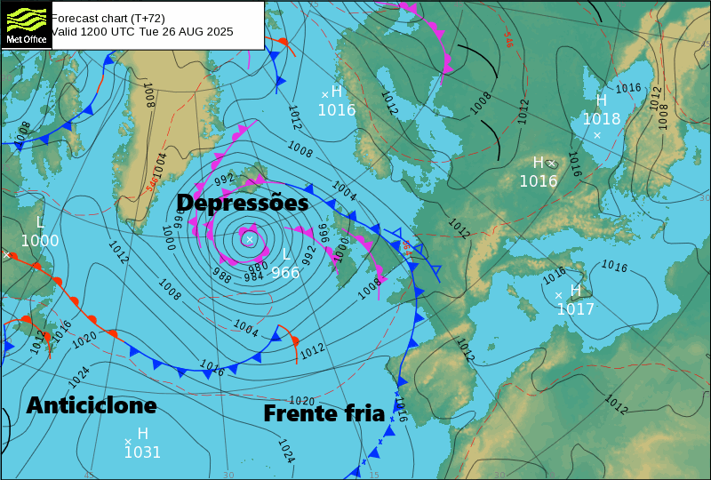 Fim de agosto com vento, nuvens e tempo muito variado! - Saiba a previsão do tempo esta semana, 25 a 31 de agosto de 2025 Padrão atmosférico previsto - terça-feira 26 de agosto