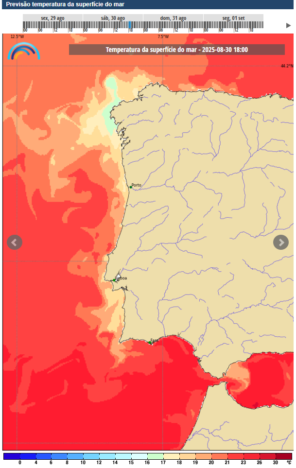 Mais uma depressão pouco comum no Atlântico, e Agosto termina com nuvens e rajadas de vento até 70 km/h - saiba a previsão do tempo no fim-de-semana, 30 e 31 de agosto Temperaturas da água do mar acima da média neste sábado em Portugal Continental - info IPMA