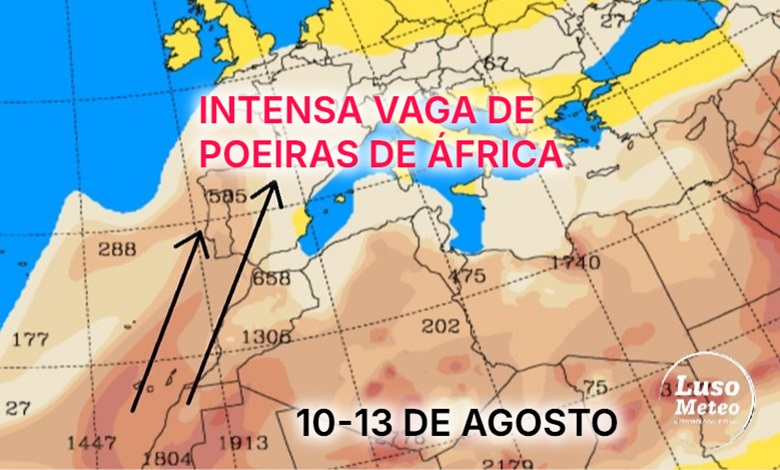 Vaga de poeiras de África afetará grande parte da Europa - Portugal é o país mais afetado - dias 10 a 13 de agosto 2025 Vaga de poeiras de África afetará grande parte da Europa - Portugal é o país mais afetado - dias 10 a 13 de agosto 2025
