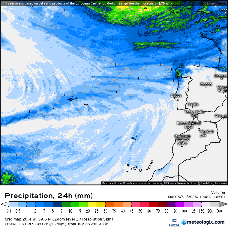 Mais uma depressão pouco comum no Atlântico, e Agosto termina com nuvens e rajadas de vento até 70 km/h - saiba a previsão do tempo no fim-de-semana, 30 e 31 de agosto Tempo no fim-de-semana - chuva prevista pelo modelo ECMWF dias 30\31 de agosto