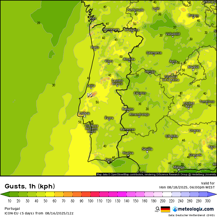 Descida acentuada das temperaturas e vento forte - afasta-se a massa de ar quente, finalmente! (com uma exceção) - Tempo na segunda, 18 de agosto de 2025 Vento forte previsto pelo modelo ICON-EU, em especial nas terras altas