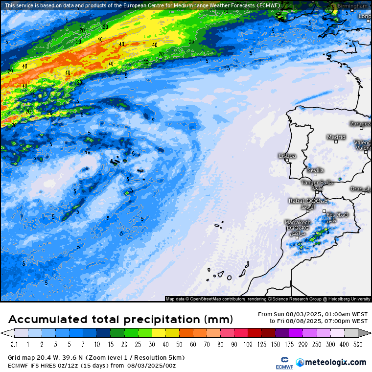 Novamente calor SEVERO no final da semana (com um ciclone no Atlântico?) - Ainda sem data para o fim da onda de calor em Portugal - tempo esta semana, 4 a 10 de agosto de 2025 Chuva acumulada prevista para o período 4 a 8 de agosto - ECMWF