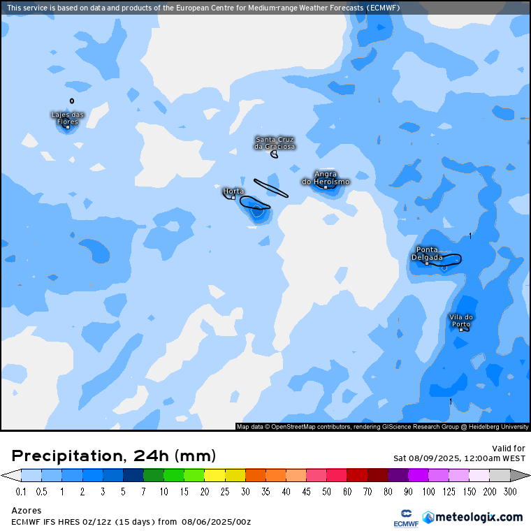 Tempestade tropical Dexter influencia o padrão atmosférico no Atlântico - saiba a previsão do tempo na sexta, 8 de agosto de 2025 Previsão de precipitação nos Açores nesta sexta-feira - ECMWF