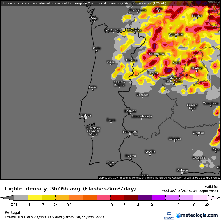 Tempo na quarta, 13 de agosto de 2025 - Água mais quente do ano nas praias! Mas será que a temperatura do ar vai baixar? Sim, e não... Trovoadas previstas no Interior Norte e Centro na tarde de quarta, segundo previsão ECMWF