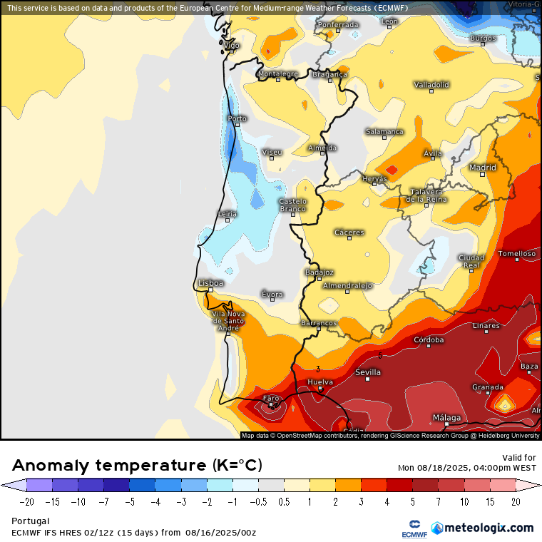 Descida acentuada das temperaturas e vento forte - afasta-se a massa de ar quente, finalmente! (com uma exceção) - Tempo na segunda, 18 de agosto de 2025 Norte e Centro com temperaturas dentro da média, Sul com mais calor, ainda!