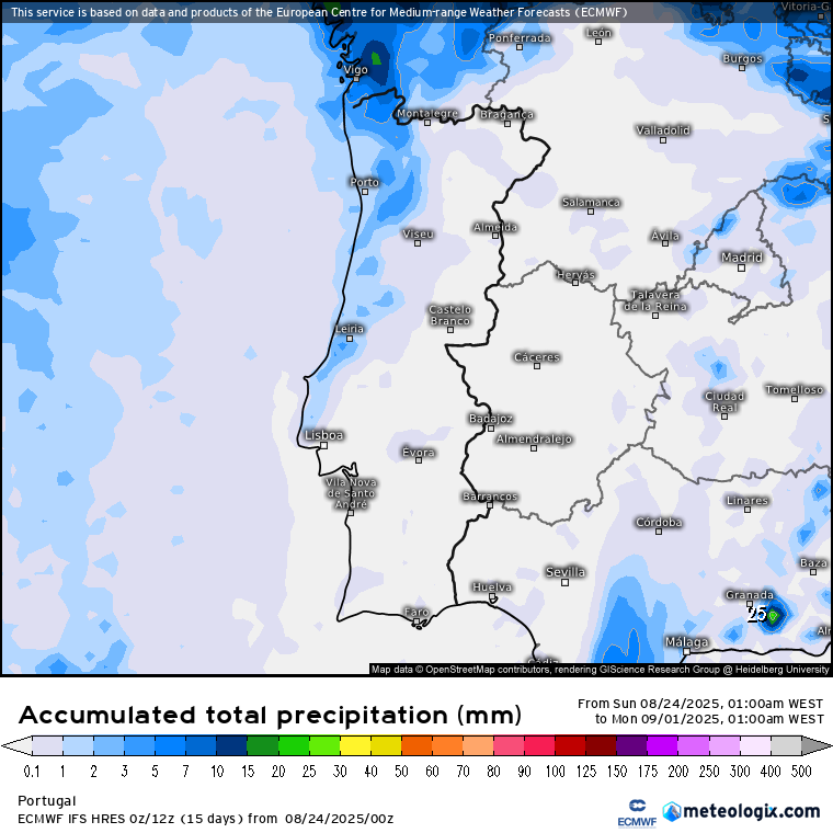 Fim de agosto com vento, nuvens e tempo muito variado! - Saiba a previsão do tempo esta semana, 25 a 31 de agosto de 2025 Tempo esta semana - Chuva prevista para esta semana - previsão ECMWF\IFS