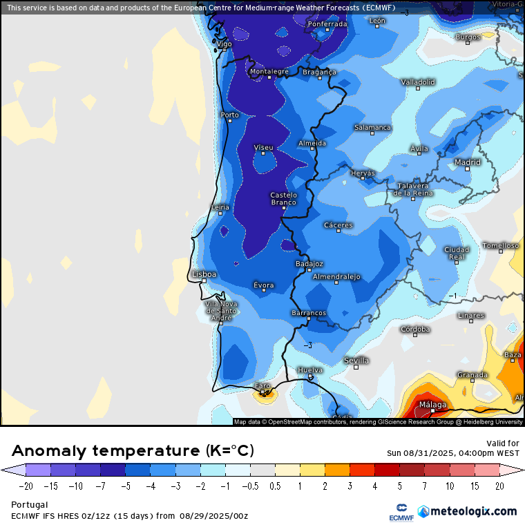 Mais uma depressão pouco comum no Atlântico, e Agosto termina com nuvens e rajadas de vento até 70 km/h - saiba a previsão do tempo no fim-de-semana, 30 e 31 de agosto Anomalia de temperaturas - 16H - previsão ECMWF, domingo, 31 de agosto