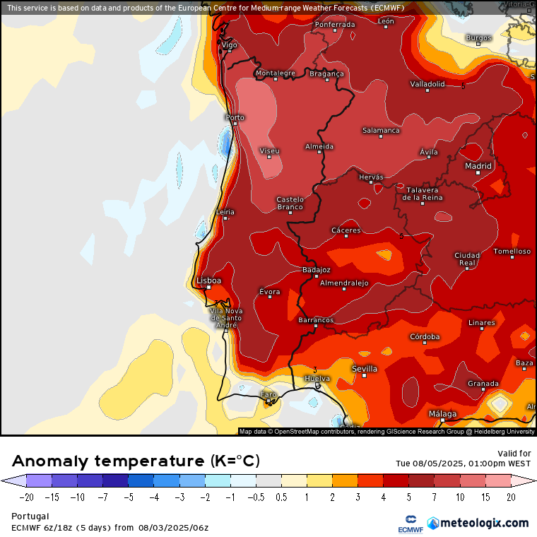Este dia poderá ser histórico no Norte do país - ainda mais calor, até 44 graus em alguns locais - atenção ao vento e risco máximo de incêndio - tempo na terça, 5 de agosto 2025 CALOR EXTREMO - impressionante como a anomalia de temperatura estará acima de 10ºC a Norte...