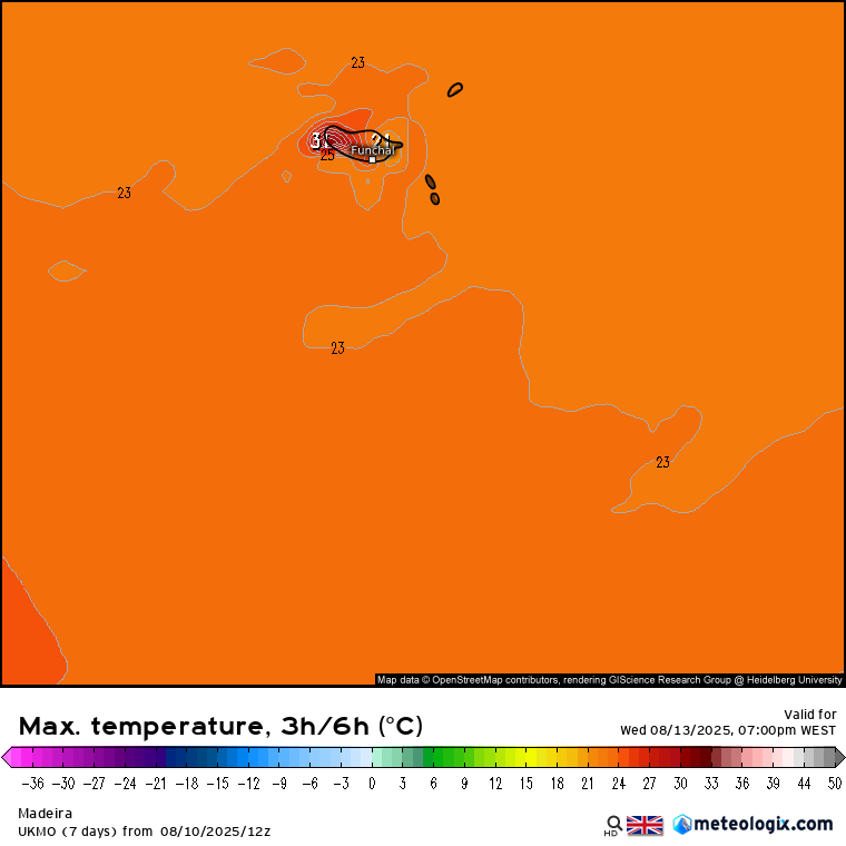 Tempo na quarta, 13 de agosto de 2025 - Água mais quente do ano nas praias! Mas será que a temperatura do ar vai baixar? Sim, e não... Temperaturas acima de 30ºC localmente possíveis na Madeira nesta quarta-feira