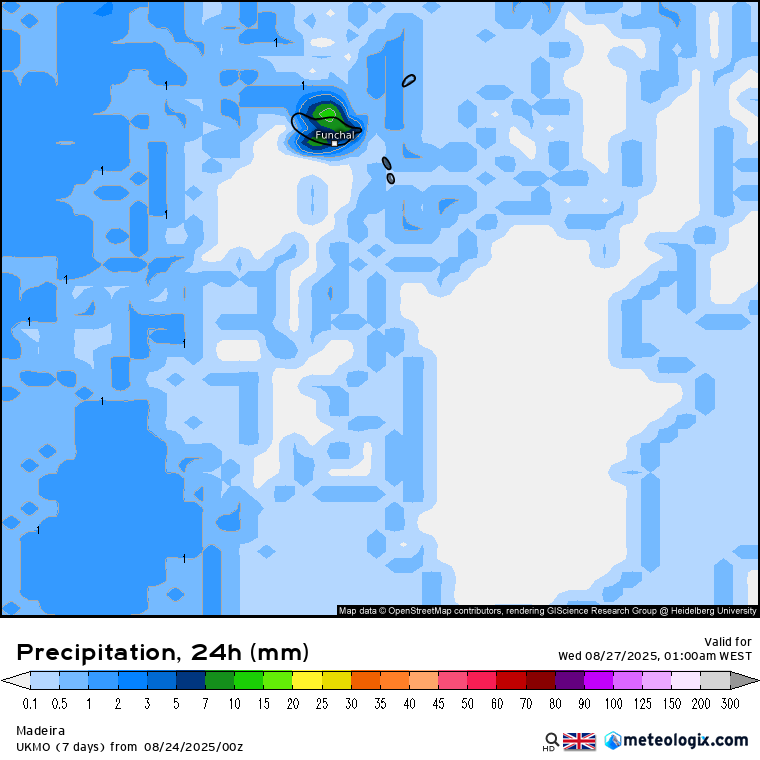 Depressão cavada provoca forte agitação marítima em Portugal - saiba a previsão do tempo na terça, 26 de agosto de 2025 Chuva na Madeira - previsão MetOffice\UKMO