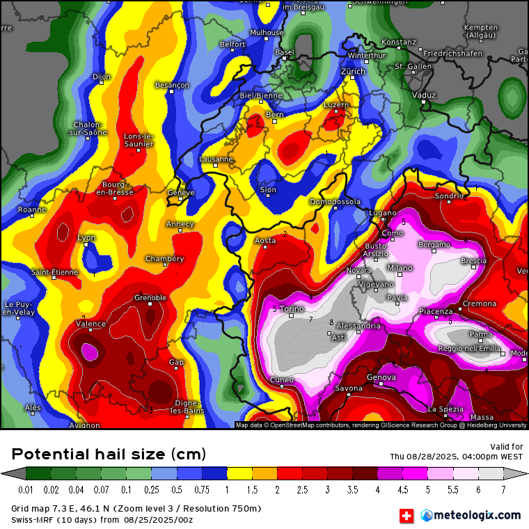 Depressão Extra-Tropical (ex-furacão ERIN) traz uma tempestade à Europa - em Portugal temos alguns efeitos, também - saiba os detalhes da previsão Previsão de granizo superior a 8cm - modelo suiço MRF, da Meteologix