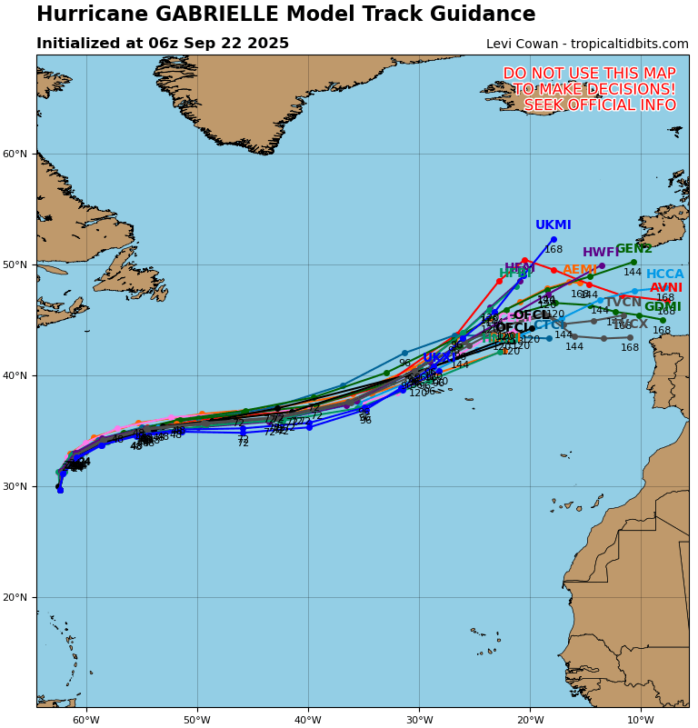 Últimas previsões de trajetórias da tempestade Gabrielle