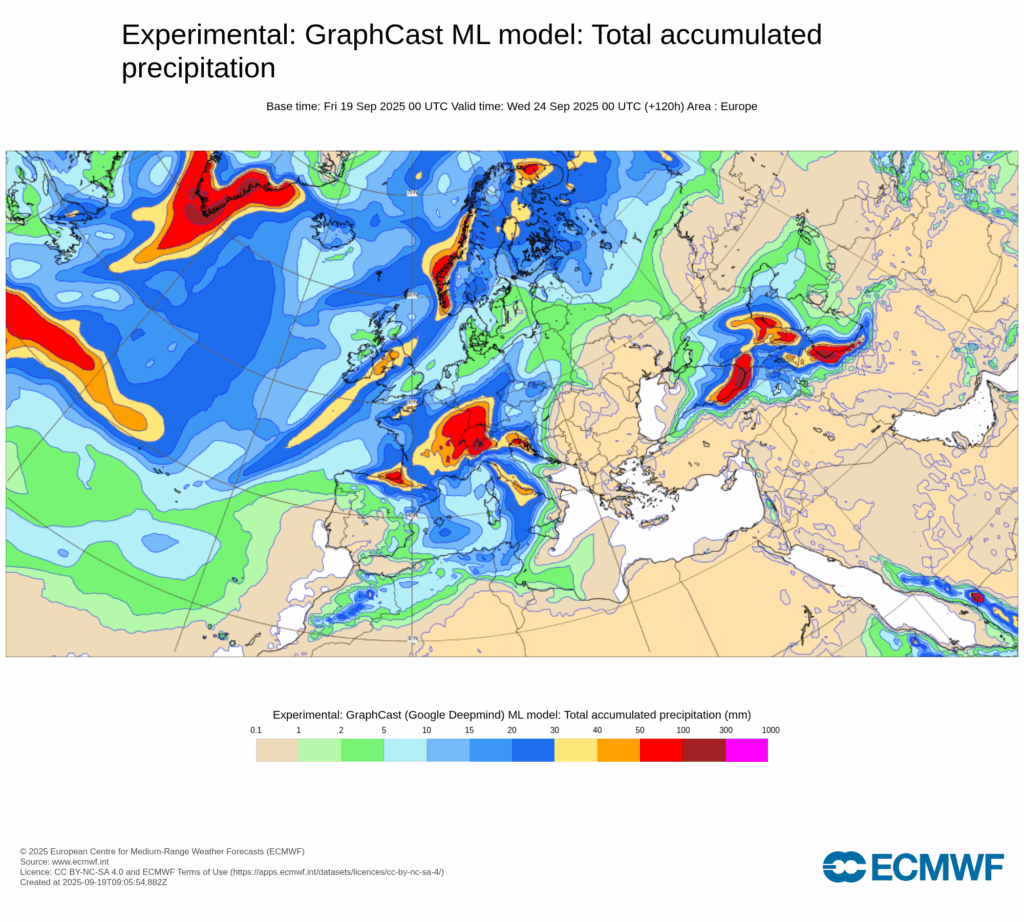 Segundo o modelo Google Graphcast ML a região Alpina pode ser a mais afetada por esta situação de chuvas - nos pontos mais altos será neve!