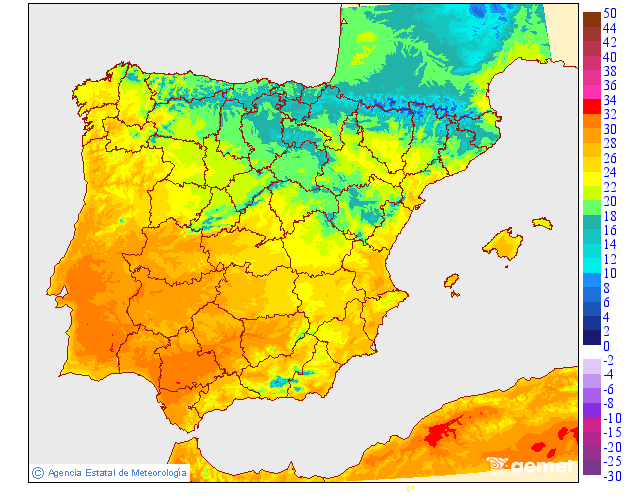 O anticiclone resiste e temos mais um dia de "Verão", mas um ciclone aproxima-se de águas Portuguesas - saiba a previsão do tempo na quinta, dia 25 de setembro de 2025 Temperaturas máximas previstas pela AEMET para esta quinta-feira