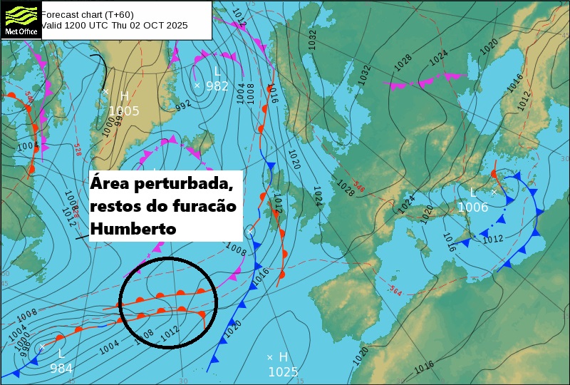 Furacão Humberto no Atlântico traz-nos... temperaturas até 35ºC a várias regiões, mas também nevoeiros - Saiba a influência, e como estará o tempo na quinta, 2 de outubro de 2025 Análise frontal da MetOffice para quinta - Atlântico perturbado, mas com o anticiclone a garantir estabilidade em Portugal