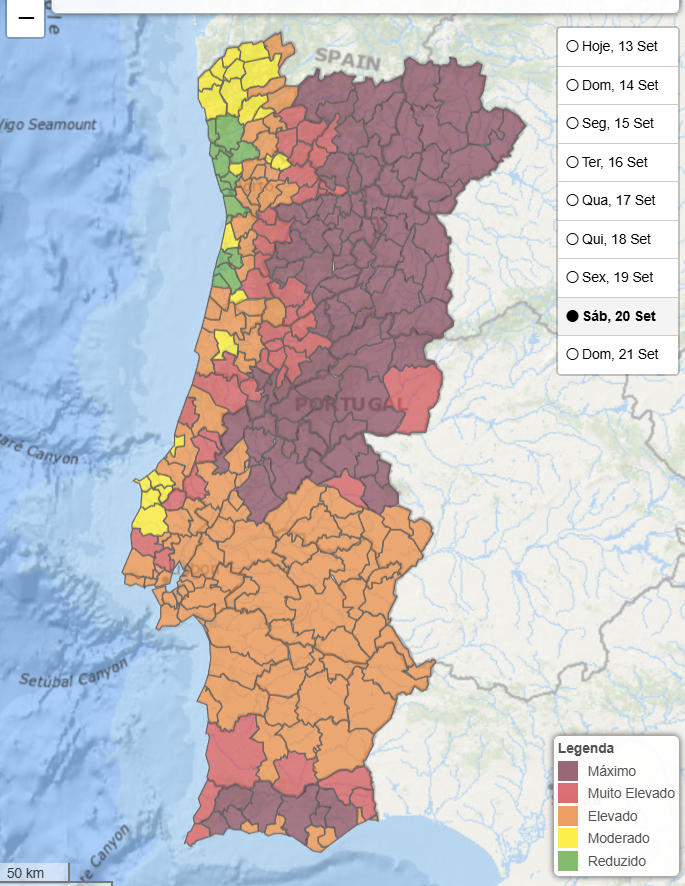 Onda de calor em Portugal - Temperaturas até 40ºC, tempo seco e risco máximo de incêndio - saiba como estará na sua região - 14 a 19 de setembro Risco máximo de incêndio segundo previsão IPMA - dia 20 de setembro