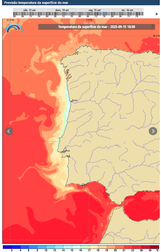 Onda de calor em Portugal - Temperaturas até 40ºC, tempo seco e risco máximo de incêndio - saiba como estará na sua região - 14 a 19 de setembro Apesar do calor não esperamos que a temperatura do mar esteja acima do normal, pelo menos nesta fase (Até dia 16)